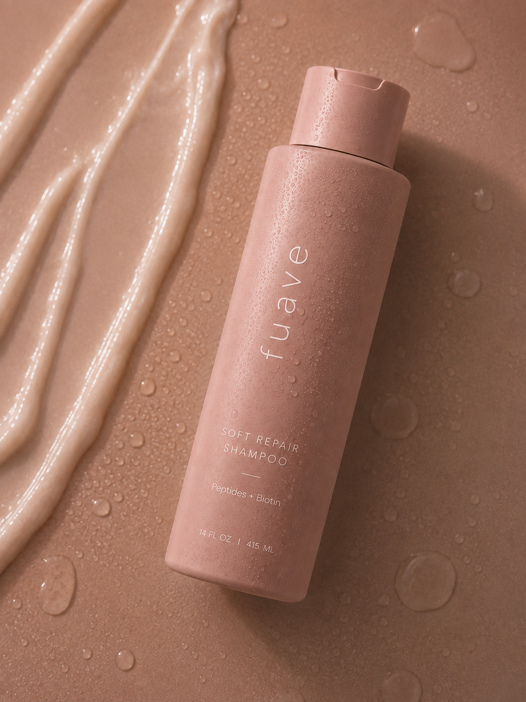 FUAVE Soft Repair Shampoo bottle with water droplets